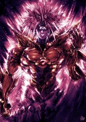 Rule 34 | 1boy, armor, artist name, aura, colored skin, cowboy shot, cyclops, glint, grey eyes, grey skin, grin, hand up, highres, looking at viewer, lord boros, male focus, one-eyed, one-punch man, pink hair, pointy ears, sharp teeth, smile, solo, teeth, the golden smurf