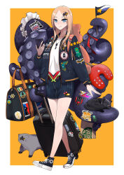 Rule 34 | 1girl, abigail williams (fate), absurdres, aged up, alien, alternate costume, bag, black cat, blonde hair, blue eyes, bow, cat, cellphone, commentary, copyright request, cthulhu, cthulhu mythos, english commentary, fate/grand order, fate (series), food, forehead, grey cat, highres, holding, holding phone, jacket, jewelry, key, key necklace, logo, looking at viewer, maid headdress, monkey jon, necklace, orange bow, outside border, pancake, phone, polka dot, polka dot bow, shirt, skirt, smile, starbucks, sticker, tentacles, union jack, watch, white shirt, wristwatch