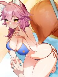 Rule 34 | 1girl, animal ear fluff, animal ears, bare shoulders, bikini, blue bikini, blush, breasts, butt crack, cleavage, collarbone, commentary, fate/grand order, fate (series), fox ears, fox girl, fox tail, highres, jewelry, kneeling, large breasts, long hair, looking at viewer, pink hair, ring, sidelocks, smile, solo focus, swimsuit, symbol-only commentary, tail, tamamo (fate), tamamo no mae (fate/extra), tamamo no mae (swimsuit lancer) (fate), thighs, tochi keisuke, yellow eyes