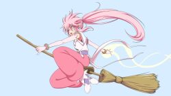 Rule 34 | 1girl, arche klein, belt, bracelet, broom, earrings, elbow gloves, full body, gloves, highres, jewelry, kaien advance, long hair, open mouth, pants, pink eyes, pink hair, pink pants, ponytail, simple background, solo, tales of (series), tales of phantasia, wide ponytail