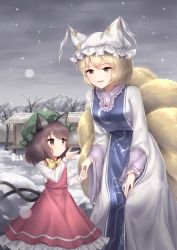 Rule 34 | 2girls, :d, animal ears, bare tree, blonde hair, brown eyes, brown hair, cat ears, cat tail, chen, commentary, fox tail, grey sky, hat, hat with ears, holding hands, kitsune, kyuubi, long sleeves, minust, multiple girls, multiple tails, open mouth, short hair, sky, smile, snow, snowing, snowman, standing, tail, touhou, tree, two tails, yakumo ran, yellow eyes