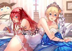 Rule 34 | 2girls, bare shoulders, blonde hair, blue eyes, blue ribbon, blush, book, breasts, chips (food), cleavage, collarbone, curtains, dress, eating, elbow gloves, europa (granblue fantasy), flower, food, gloves, godsworn alexiel, granblue fantasy, hair flower, hair ornament, hair ribbon, highres, kakage, long hair, looking at viewer, lying, multiple girls, on side, on stomach, open book, open mouth, red hair, ribbon, short dress, short hair, thighs, tiara, white dress, white gloves, white legwear, white ribbon, window
