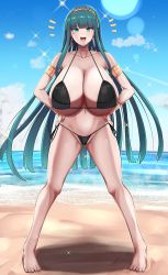Rule 34 | 1girl, absurdres, bare shoulders, beach, bikini, black bikini, blue sky, blush, breasts, cleavage, cleopatra (fate), collar, collarbone, commission, earrings, fate/grand order, fate (series), full body, green eyes, green hair, hairband, highres, hoop earrings, huge breasts, jewelry, long hair, looking at viewer, megao 3rd, navel, open mouth, pixiv commission, sky, smile, solo, swimsuit, very long hair
