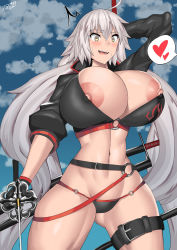 Rule 34 | 1girl, alternate breast size, blush, breasts, cloud, fate/grand order, fate (series), female focus, heart, highres, huge breasts, jeanne d&#039;arc alter (swimsuit berserker) (fate), jeanne d&#039;arc (fate), jeanne d&#039;arc alter (fate), large areolae, navel, nobunyan (ndns8438), solo, sword, tagme, weapon