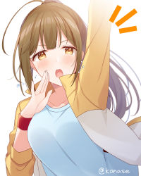 Rule 34 | 1girl, ahoge, arm up, grabbing another&#039;s breast, breasts, brown hair, collarbone, eyebrows hidden by hair, grabbing, hair between eyes, highres, idolmaster, idolmaster shiny colors, jacket, konase (non stop!), kuwayama chiyuki, long hair, looking at viewer, open clothes, open mouth, open shirt, ponytail, solo, sportswear, upper body, yellow eyes