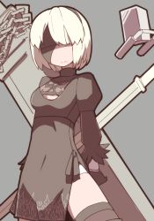 Rule 34 | 1girl, black dress, black gloves, black thighhighs, blindfold, dress, facing viewer, gloves, grey background, hairband, juliet sleeves, long sleeves, mole, mole under mouth, nier (series), nier:automata, nns (sobchan), pod (nier:automata), puffy sleeves, short dress, short hair, solo, thighhighs, weapon, 2b (nier:automata)