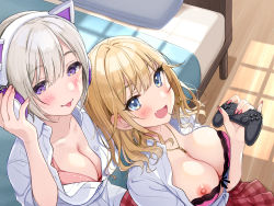 Rule 34 | 2girls, :d, :p, blonde hair, blue eyes, blush, bow, bow bra, bra, breasts, cleavage, closed mouth, collarbone, collared shirt, controller, dress shirt, earrings, fingernails, hair between eyes, half-closed eyes, headphones, highres, holding, holding controller, indoors, jewelry, lace, lace-trimmed bra, lace trim, large breasts, long fingernails, long hair, looking at viewer, miniskirt, multiple girls, nail polish, necklace, nipple slip, nipples, non-web source, open clothes, open mouth, open shirt, original, pink bra, pink nails, pinky out, pleated skirt, purple eyes, red skirt, school uniform, shirt, sidelocks, sitting, skirt, smile, tongue, tongue out, tsukana (saba mizore), unbuttoned, unbuttoned shirt, underwear, white hair, white shirt, wing collar