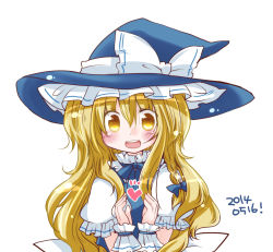 Rule 34 | 1girl, blonde hair, blush, bow, braid, dated, futami yayoi, hair bow, hat, hat ribbon, heart, kirisame marisa, long hair, looking at viewer, open mouth, puffy short sleeves, puffy sleeves, ribbon, short sleeves, simple background, single braid, solo, touhou, upper body, vest, white background, witch hat, wrist cuffs, yellow eyes