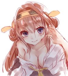 Rule 34 | 10s, 1girl, bare shoulders, blue eyes, breasts, brown hair, cleavage, hairband, kantai collection, kongou (kancolle), large breasts, looking at viewer, off shoulder, smile, solo, upper body, yayoi (egoistic realism)