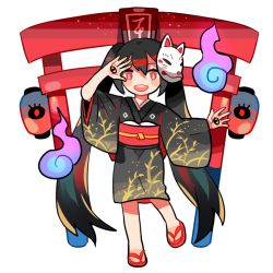 Rule 34 | 1girl, black hair, fox mask, getiao, hatsune miku, japanese clothes, kimono, long hair, looking at viewer, mask, musunde hiraite rasetsu to mukuro (vocaloid), open mouth, red eyes, sandals, simple background, solo, torii, transparent background, twintails, very long hair, vocaloid, white background, zouri