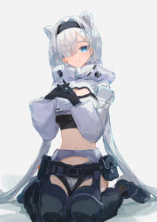 Rule 34 | 1girl, absurdres, animal ears, arknights, aurora (arknights), bear ears, black footwear, black gloves, black hairband, black shirt, blue eyes, chaps, commentary, crop top, cropped jacket, gloves, grey background, grey shorts, hair over one eye, hairband, hands up, highres, ichika (ichika87), infection monitor (arknights), jacket, long hair, long sleeves, looking at viewer, midriff, navel, own hands together, shirt, shoes, shorts, simple background, sitting, smile, solo, stomach, very long hair, wariza, white hair, white jacket