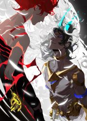 Rule 34 | 2boys, absurdres, arjuna (fate), arjuna alter (fate), armlet, bare shoulders, bishounen, black bodysuit, black eyes, black hair, blue eyeshadow, blue horns, bodysuit, brothers, closed mouth, commentary request, cowboy shot, dark-skinned male, dark skin, enduri, eyeshadow, fate/grand order, fate (series), gloves, glowing horns, gradient hair, grey eyes, highres, horns, indian clothes, jewelry, karna (fate), long hair, looking at another, makeup, male focus, multicolored hair, multiple boys, official alternate costume, official alternate hair color, pale skin, pants, red hair, siblings, smile, super karna (fate), tattoo, topless male, two-tone hair, white gloves, white hair, white pants, yellow eyes