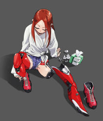 Rule 34 | 1girl, amputee, arm support, brown hair, closed eyes, female focus, grey background, micro shorts, mutouki, on ground, original, prosthesis, science fiction, shorts, simple background, sitting, solo, tissue, tissue box