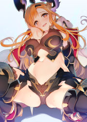 Rule 34 | 1girl, absurdres, arm behind head, armor, black gloves, black thighhighs, blue background, blush, breastplate, breasts, brown eyes, cape, cleavage, dutch angle, elbow gloves, gloves, granblue fantasy, hair ornament, hairband, hand in own hair, head wings, highres, large breasts, long hair, looking at viewer, navel, open mouth, orange hair, photoshop (medium), sidelocks, simple background, smile, solo, spread legs, squatting, stomach, sweatdrop, tatami to hinoki, thighhighs, thighs, tweyen (granblue fantasy), white cape, wings