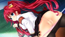 Rule 34 | 1girl, anus, ass, backboob, blue eyes, blush, breasts, censored, chalkboard, clothes lift, demon busters, from behind, game cg, itou life, large breasts, legs, long hair, looking away, panties, panty pull, pantyhose, pussy, pussy juice, red hair, school uniform, shizu konoka, skirt, skirt lift, solo, standing, thighs, underwear, wet, writing