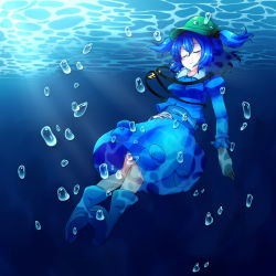 Rule 34 | 1girl, blue hair, boots, bubble, closed eyes, female focus, full body, hat, highres, kawashiro nitori, key, mashiron, short hair, smile, solo, touhou, twintails, two side up, underwater, wet, wet clothes