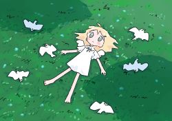 Rule 34 | 1girl, 1nupool, ahoge, barefoot, bird, blonde hair, blush stickers, commentary, dead animal, death, dress, grass, green eyes, highres, long hair, lying, on back, original, outdoors, white bird, wings, x x