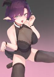 Rule 34 | 1girl, armpit crease, bare shoulders, black horns, black thighhighs, bracelet, choker, collarbone, covered collarbone, demon girl, demon horns, fingernails, gradient background, grain, green eyes, hair between eyes, highres, horns, jewelry, lifting own clothes, long fingernails, mole, monochrome, no shoes, open mouth, original, panties, pointy ears, purple hair, saliva, saliva trail, see-through, short hair, sitting, skindentation, solo, symbol-shaped pupils, teeth, thighhighs, tongue, tongue out, underwear, upper teeth only, wariza, white panties, x-shaped pupils