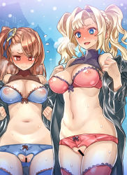 Rule 34 | 10s, 2girls, bar censor, beatrix (granblue fantasy), blonde hair, blue bra, blue eyes, blue panties, blue thighhighs, blush, bra, braid, breasts, brown eyes, brown hair, censored, cleavage, cleft of venus, coat, covered erect nipples, crotchless, crotchless panties, embarrassed, gluteal fold, granblue fantasy, hair ornament, hairband, heavy breathing, jacket, large breasts, long hair, mimonel, multiple girls, navel, nipples, open clothes, open jacket, open mouth, panties, pink bra, pink legwear, pink panties, ponytail, pussy, see-through, smile, standing, sweat, take your pick, tears, thighhighs, trench coat, twintails, underwear, zeta (granblue fantasy)