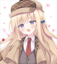 Rule 34 | 1girl, :d, black vest, blonde hair, blush, brown hat, brown jacket, cabbie hat, cherry blossoms, collared shirt, falling petals, hat, head tilt, jacket, korie riko, long hair, long sleeves, looking at viewer, necktie, one side up, open clothes, open jacket, open mouth, original, petals, plaid, plaid headwear, plaid jacket, portrait, purple eyes, red necktie, shirt, sidelocks, simple background, smile, solo, two-sided fabric, two-sided jacket, vest, white background, white shirt