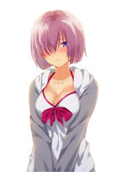 Rule 34 | 1girl, blush, breasts, cleavage, collarbone, commentary, fate/grand order, fate (series), hair over one eye, highres, hood, hoodie, light purple hair, looking at viewer, mash kyrielight, mash kyrielight (swimsuit of perpetual summer), medium breasts, official alternate costume, purple eyes, short hair, simple background, solo, standing, upper body, white background, yuukyan (ucan85)