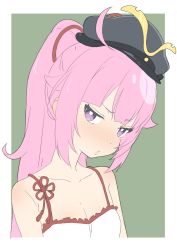 Rule 34 | 1girl, absurdres, bare shoulders, black hat, blush, border, breasts, camisole, closed mouth, donguri suzume, dot nose, green background, hair ribbon, hat, head tilt, highres, long hair, looking at viewer, oda nobuhime, oda nobuhime (channel), pink hair, ponytail, purple eyes, red ribbon, ribbon, simple background, small breasts, solo, upper body, virtual youtuber, white border