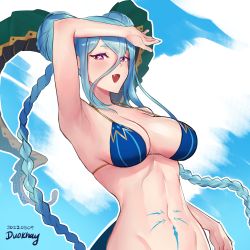 Rule 34 | 1girl, :d, arm up, armpits, artist name, bikini, bikini top only, blue bikini, blue hair, blush, bottomless, braid, braided bun, breasts, commentary, curled horns, dated, double bun, duokhay, english commentary, fang, fate/grand order, fate (series), hair between eyes, hair bun, hair on horn, highres, horns, large breasts, long braid, long horns, looking at viewer, navel, open mouth, purple eyes, short eyebrows, smile, solo, stomach, stomach tattoo, swimsuit, symbol-shaped pupils, tattoo, tiamat (fate), twin braids, upper body, x x
