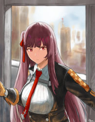 Rule 34 | 1girl, absurdres, ai-bon, artist name, black jacket, breasts, closed mouth, colored pencil (medium), girls&#039; frontline, graphite (medium), hair ribbon, highres, jacket, long hair, long sleeves, looking at viewer, medium breasts, necktie, purple hair, red eyes, red necktie, red ribbon, ribbon, shirt, side ponytail, solo, traditional media, upper body, wa2000 (girls&#039; frontline), white shirt, window