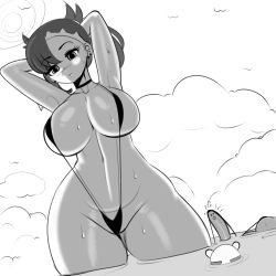 Rule 34 | 1girl, absurdres, arms behind head, breasts, choker, creatures (company), fladdykin, game freak, groin, highres, large breasts, looking at viewer, marnie (pokemon), monochrome, navel, nintendo, partially submerged, pokemon, pokemon swsh, sky, slingshot swimsuit, solo, swimsuit, thick thighs, thighs, water, wet, wide hips
