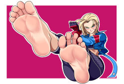 Rule 34 | 1girl, absurdres, barefoot, blonde hair, bluee611, blush, cammy white, capcom, clothes, foot focus, gloves, highres, soles, street fighter, toes