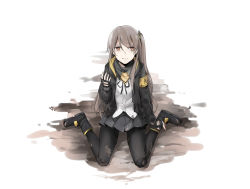 Rule 34 | 1girl, arm at side, armband, black gloves, black jacket, black pantyhose, black ribbon, brown eyes, buttons, dirt, dirty, dirty clothes, eyes visible through hair, fingerless gloves, full body, girls&#039; frontline, gloves, hair between eyes, hair ornament, hand up, highres, hood, hooded jacket, jacket, long hair, looking at viewer, pantyhose, parted lips, ribbon, sad, scar, scar across eye, scar on face, scarf, side ponytail, silver hair, simple background, sitting, skirt, solo, standing, thighhighs, ump45 (girls&#039; frontline), wariza, yorktown cv-5