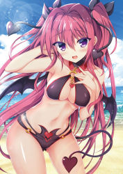 1girl, bangs, beach, bikini, black bikini, black bow, black wings, blue sky, blush, bow, breasts, cleavage, cloud, collarbone, contrapposto, cowboy shot, day, demon tail, eyebrows visible through hair, floating hair, gluteal fold, hair between eyes, hair bow, highres, lens flare, long hair, looking at viewer, medium breasts, multi-strapped bikini, navel, o-ring, o-ring bikini, ocean, open mouth, original, outdoors, purple eyes, red hair, shiny, shiny hair, shiny skin, sky, solo, sunlight, swimsuit, tail, tateha (marvelous grace), twintails, very long hair, wings