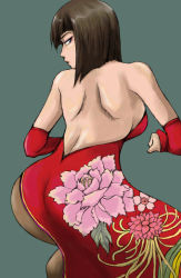 Rule 34 | 1girl, anna williams, ass, ass shake, back, backless outfit, bare shoulders, blue eyes, bob cut, breasts, brown hair, brown pantyhose, china dress, chinese clothes, dress, elbow gloves, floral print, gloves, highres, huge ass, looking back, medium breasts, mimiyama kiichi, namco, pantyhose, short hair, side slit, sideboob, solo, tekken