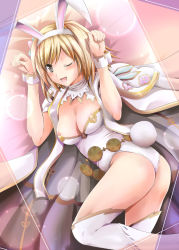 Rule 34 | 10s, 1girl, :d, animal ears, ass, blonde hair, blush, breasts, brown eyes, cape, djeeta (granblue fantasy), eyebrows, fake animal ears, flower, granblue fantasy, hair flower, hair ornament, hairband, high heels, highres, large breasts, leotard, looking at viewer, lying, nipple slip, nipples, on side, open mouth, paw pose, puffy short sleeves, puffy sleeves, rabbit ears, rabbit tail, sage (granblue fantasy), shiny skin, shiroi noria, shoes, short hair, short sleeves, smile, solo, tail, thighhighs, white cape, white flower, white footwear, white thighhighs, wrist cuffs