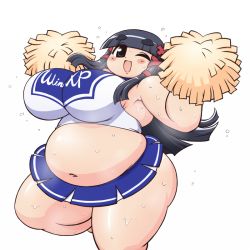 Rule 34 | 1girl, anus, black eyes, black hair, breasts, censored, cheerleader, ese no ji, fat, huge breasts, looking at viewer, nude, obese, one eye closed, open mouth, pom pom (cheerleading), pussy, smile, solo, squatting, sweat, thick thighs, thighs