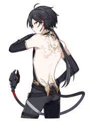Rule 34 | 1boy, absurdres, ahoge, anchun (quail0503), back tattoo, backless outfit, bare back, belt, black gloves, black hair, black pants, braid, braided ponytail, changyu (punishing: gray raven), cropped legs, earrings, elbow gloves, frown, gauntlets, gloves, hair ornament, hairclip, halterneck, hand on own hip, hand up, highres, jewelry, long hair, looking at viewer, looking back, male focus, multicolored hair, pants, punishing: gray raven, red eyes, red hair, sideways glance, simple background, single braid, solo, streaked hair, tail, tattoo, thigh strap, white background