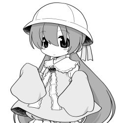 Rule 34 | 1girl, bloomers, blush stickers, brooch, closed mouth, collared dress, cowboy shot, detached sleeves, dress, flat chest, greyscale, hands up, hat, heart, heart brooch, highres, jewelry, long hair, looking at viewer, low twintails, monochrome, neck ribbon, peter pan collar, ribbon, school hat, short dress, sleeveless, sleeveless dress, sleeves past fingers, sleeves past wrists, solo, standing, tsukuyomi ai, twintails, underwear, very long hair, voiceroid, yunji