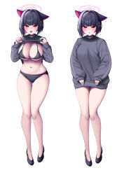 Rule 34 | 1girl, absurdres, animal ears, black bra, black choker, black footwear, black hair, black panties, blue archive, blush, bra, breasts, cat ears, choker, clothes lift, colored inner hair, extra ears, fangs, grey shirt, halo, highres, kazusa (blue archive), large breasts, lifting own clothes, looking at viewer, metaljelly, multicolored hair, multiple views, navel, open mouth, panties, pink hair, pink halo, red eyes, shirt, shirt lift, shoes, short hair, simple background, sleeves past wrists, underwear, white background