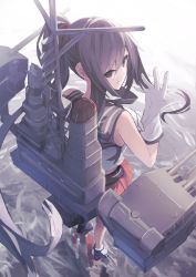 Rule 34 | 10s, 1girl, black eyes, black hair, blouse, closed mouth, fami (yellow skies), from above, gloves, grey theme, highres, kantai collection, long hair, looking at viewer, looking back, miniskirt, outdoors, ponytail, red skirt, rigging, sailor collar, shirt, sidelocks, skirt, sleeveless, sleeveless shirt, solo, standing, tsurime, white gloves, yahagi (kancolle)