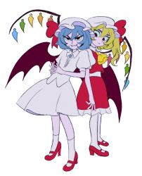 Rule 34 | 2girls, bat wings, blonde hair, blue brooch, blue hair, closed mouth, collared shirt, commentary, english commentary, fangs, fangs out, flandre scarlet, flandrepudding, frilled skirt, frills, frown, full body, hair between eyes, high heels, highres, looking at another, looking at viewer, mary janes, medium hair, multicolored wings, multiple girls, one side up, puffy short sleeves, puffy sleeves, red eyes, red footwear, red skirt, red vest, remilia scarlet, shirt, shoes, short sleeves, shoulder-to-shoulder, siblings, simple background, sisters, skirt, socks, standing, touhou, v-shaped eyebrows, vest, white background, white headwear, white shirt, white skirt, white socks, wings