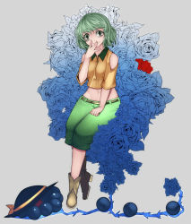 Rule 34 | 1girl, alternate costume, aoshima, bare shoulders, blue flower, blue rose, boots, check commentary, commentary request, empty eyes, flower, green eyes, green hair, hand to own mouth, hat, unworn hat, unworn headwear, highres, komeiji koishi, matching hair/eyes, navel, red flower, red rose, ringed eyes, rose, smile, solo, @ @, third eye, touhou