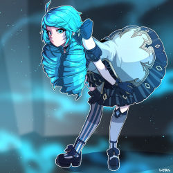 Rule 34 | 1girl, black gloves, blue dress, blue eyes, blue hair, clothes pull, crossed legs, dress, dress pull, drill hair, eyebrows hidden by hair, flat chest, gloves, grey background, gwen (league of legends), highres, holding, holding scissors, juliet sleeves, league of legends, lolita fashion, long sleeves, medium hair, oversized object, puffy sleeves, ribbon shoes, scissors, single thighhigh, solo, stitched neck, stitches, thighhighs, twin drills