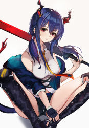 Rule 34 | 1girl, absurdres, arknights, bare shoulders, blue hair, ch&#039;en (arknights), chi xiao (arknights), commentary, dragon horns, ema (kuguiema), highres, holding, holding sword, holding weapon, horns, indian style, looking at viewer, low twintails, off shoulder, red eyes, simple background, sitting, solo, sword, twintails, weapon, white background