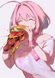 Rule 34 | 1girl, ^ ^, ahoge, bare shoulders, blue hair, breasts, burger, burger malfunction, closed eyes, collar, commentary, earrings, eating, failure, food, grey background, hair between eyes, hair intakes, hamachamu, hands up, highres, holding, holding food, idolmaster, idolmaster cinderella girls, jewelry, ketchup, large breasts, lettuce, meat, motion blur, multicolored hair, mustard, pill earrings, pink hair, ring, shirt, short hair, short sleeves, simple background, skeleton print, solo, tomato, tomato slice, truth, two-tone hair, upper body, white shirt, yumemi riamu