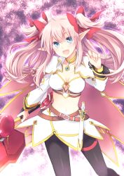 Rule 34 | 1girl, bad id, bad pixiv id, black pantyhose, blue eyes, blush, bow, breasts, charlotte (kinki no magna), cleavage, dagger, hair bow, kinki no magna, knife, kousetsu, long hair, looking at viewer, midriff, navel, open mouth, pantyhose, pink hair, pointy ears, skirt, smile, solo, twintails, two side up, wand, weapon
