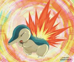 Rule 34 | :o, closed eyes, commentary request, creatures (company), cyndaquil, dated, emphasis lines, fire, full body, game freak, gen 2 pokemon, hands up, kurakimikage327, nintendo, no humans, open mouth, pokemon, pokemon (creature), solo, twitter username, watermark