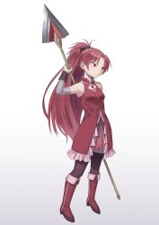 Rule 34 | 1girl, armpits, black bow, boots, bow, breast cutout, breasts, closed mouth, detached sleeves, dress, frilled dress, frills, full body, gradient background, hair bow, hair ornament, high collar, highres, holding, holding polearm, holding weapon, lance, light blush, light frown, long hair, looking away, looking to the side, magical girl, mahou shoujo madoka magica, mahou shoujo madoka magica (anime), parted bangs, pink skirt, pleated skirt, polearm, ponytail, purple thighhighs, red dress, red eyes, red footwear, red hair, sakura kyoko, shimizu tomoki, simple background, skirt, sleeveless, sleeveless dress, small breasts, solo, soul gem, thighhighs, very long hair, weapon, white background
