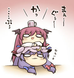 Rule 34 | 2girls, :d, bat wings, chibi, chibi on head, head rest, crescent, cup, dress shirt, female focus, hat, head wings, koakuma, long sleeves, mug, multiple girls, nekoguruma, o o, object on head, on head, open mouth, patchouli knowledge, person on head, purple hair, red eyes, red hair, shirt, sidelocks, smile, touhou, translated, white shirt, wide face, wings