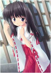 Rule 34 | 1girl, black hair, hakama, hakama skirt, japanese clothes, long sleeves, miko, rain, red hakama, simk, skirt, solo, wet, yamabuki zarame