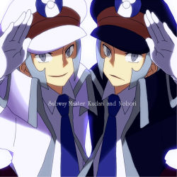 Rule 34 | 2boys, blue neckwear, brothers, character name, coat, commentary request, creatures (company), emmet (pokemon), english text, game freak, gloves, grey eyes, grey hair, hand up, hat, ingo (pokemon), looking at viewer, male focus, multiple boys, nanananona, necktie, nintendo, open clothes, open coat, peaked cap, pokemon, pokemon bw, shirt, siblings, sideburns, white gloves, white shirt